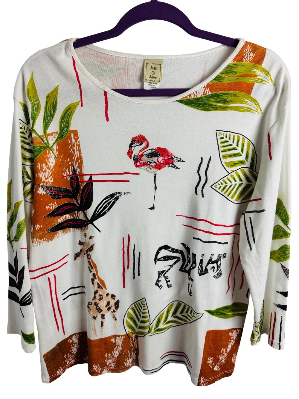 Jess & Jane White Long-Sleeve Tropical Print Tee Made in USA XL